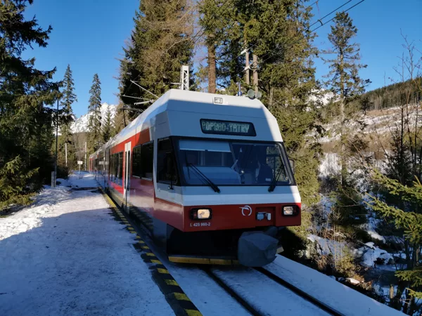 Jednotka 425 960-2 přijíždí do zastávky Popradské Pleso, 3.1.2020, 14:14